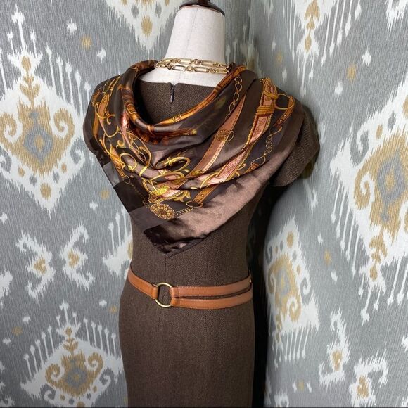 Ralph Lauren Brown Herringbone Lambswool Tweed Cap Sleeve Sheath Midi Dress - Picture 3 of 16